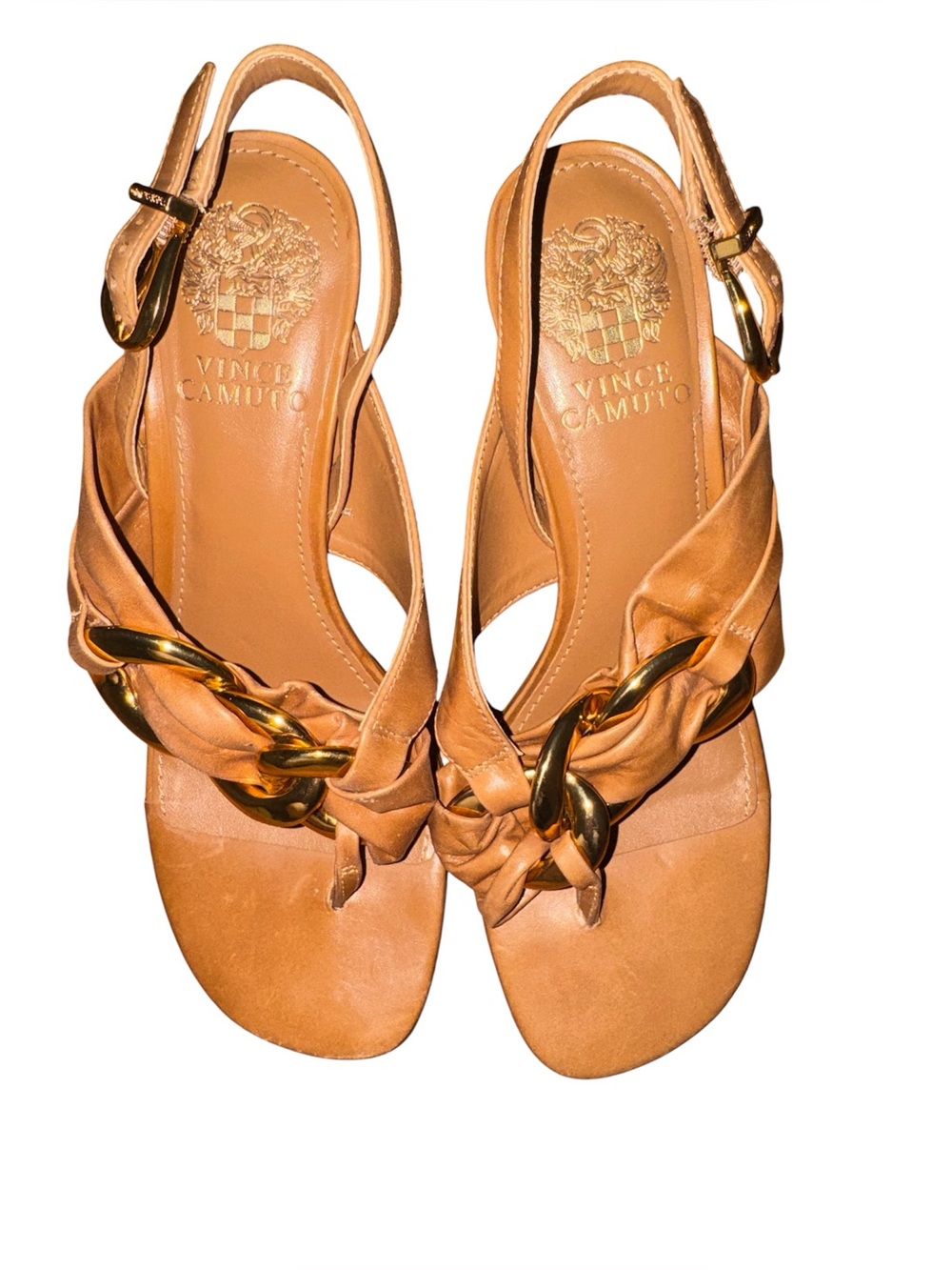 Vince Camuto Cognac Leather Sculpted Heel Sandals Women’s 7.5 - Picture 3 of 6